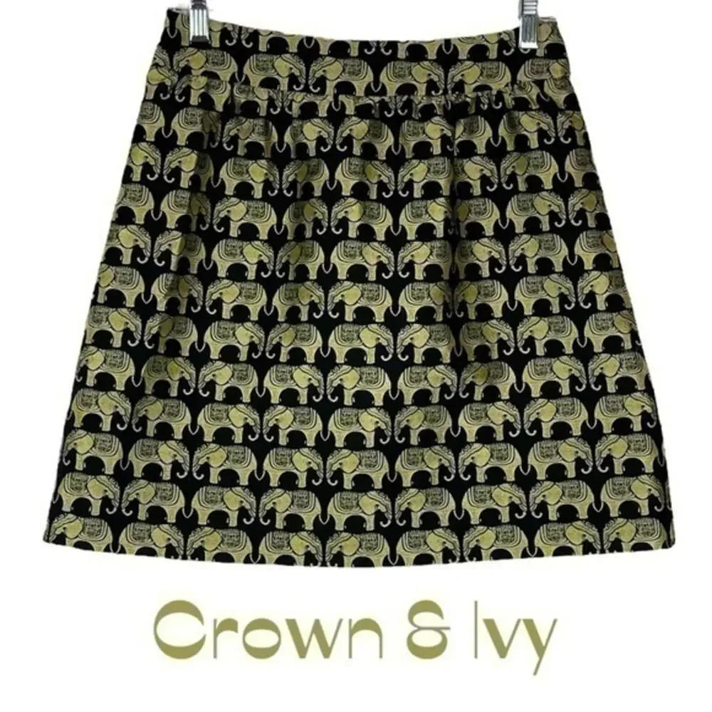 Crown & Ivy Black W Metallic‎ Lime Green Elephant Skirt NWOT Size 2P